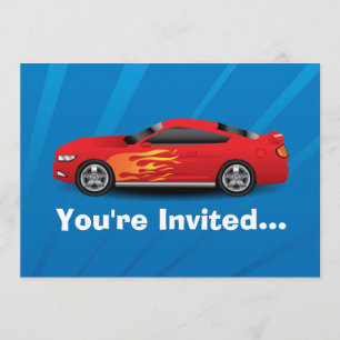 Bright Blue with Red Sports Car Flames Kids Boys Invitation