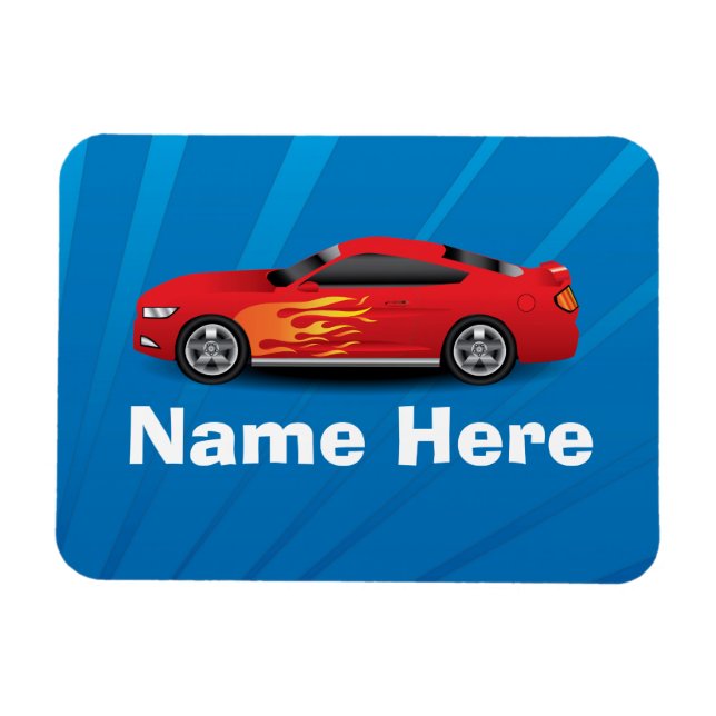 Bright Blue with Red Sports Car Flames Kids Boys Magnet (Horizontal)