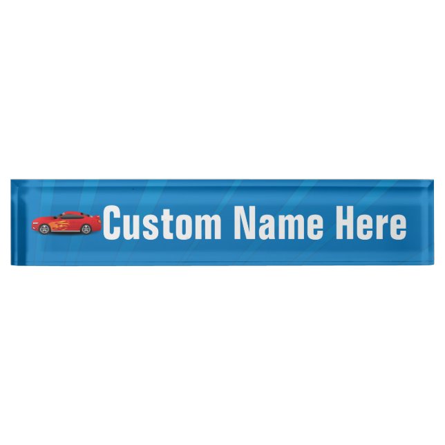 Bright Blue with Red Sports Car Flames Kids Boys Nameplate (Front)