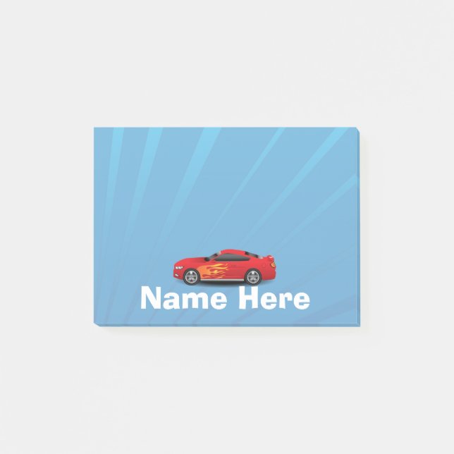 Bright Blue with Red Sports Car Flames Kids Boys Post-it Notes (Front)