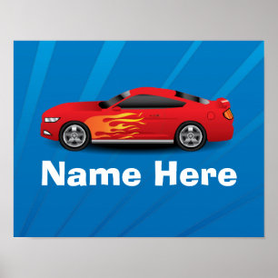 Bright Blue with Red Sports Car Flames Kids Boys Poster