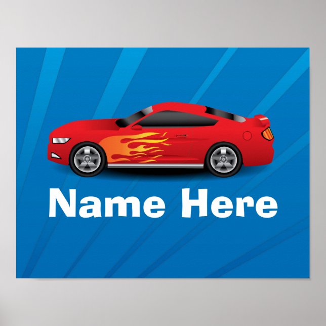 Bright Blue with Red Sports Car Flames Kids Boys Poster (Front)