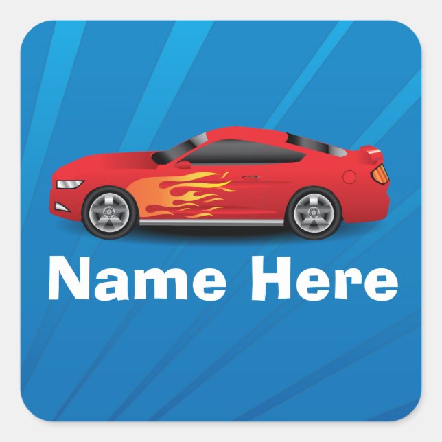 Bright Blue with Red Sports Car Flames Kids Boys Square Sticker (Front)