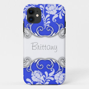 Bright Blue with White Roses Personalised iPhone 11 Case