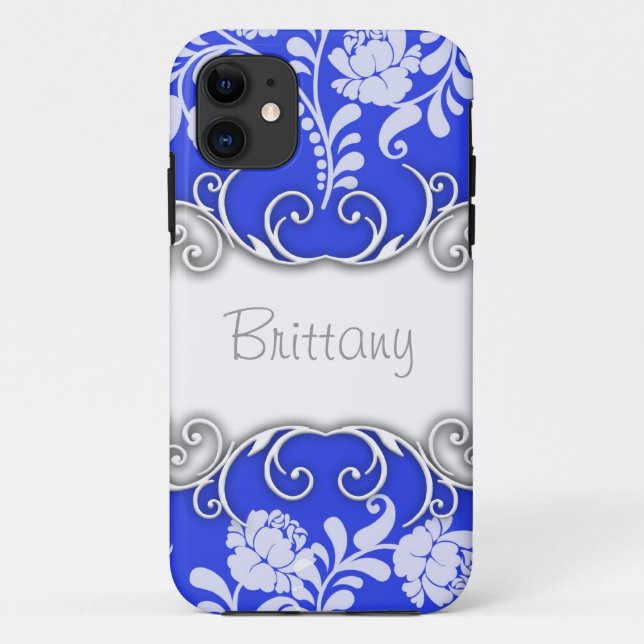Bright Blue with White Roses Personalised Case-Mate iPhone Case (Back)