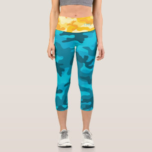 Bright Blue Yellow Camo Designer Initials Capri Leggings