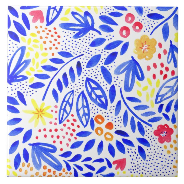 Bright Blue Yellow Floral Garden Pattern Tile (Front)