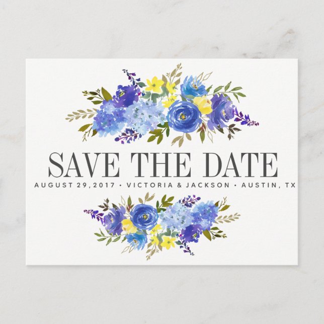 Bright Blue Yellow Flowers WEDDING save the date Announcement Postcard (Front)