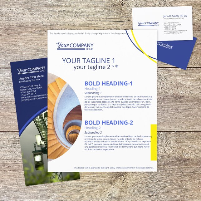 Bright Blue, Yellow Geometric Photo Shapes Sales Flyer (bright blue yellow company branding flyer with modern block text and geometric shaped photos)