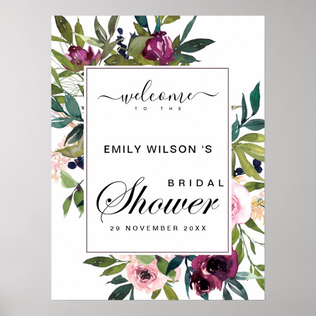 BRIGHT BLUSH BURGUNDY FLORAL BRIDAL SHOWER WELCOME POSTER (Front)