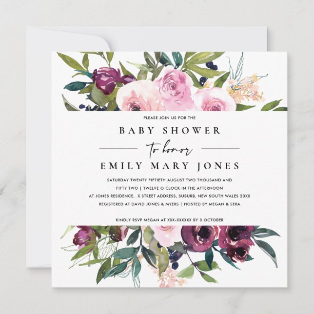 BRIGHT BLUSH BURGUNDY FLORAL BUNCH BABY SHOWER INVITATION (Front)