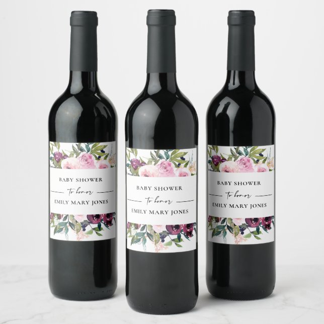 BRIGHT BLUSH BURGUNDY FLORAL BUNCH BABY SHOWER WINE LABEL (Bottles)