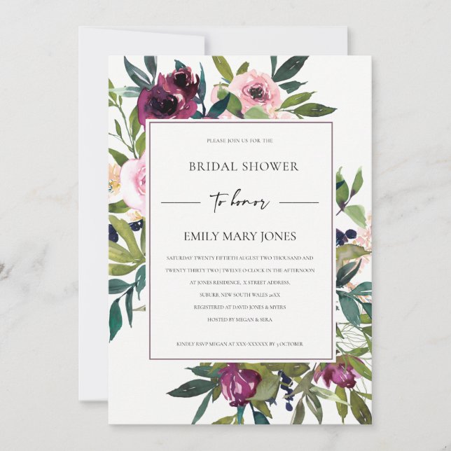 BRIGHT BLUSH BURGUNDY FLORAL BUNCH BRIDAL SHOWER INVITATION (Front)