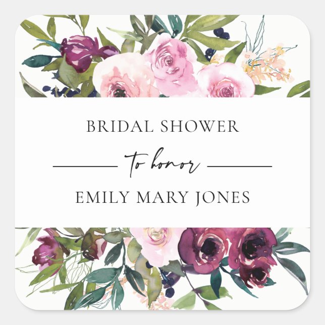 BRIGHT BLUSH BURGUNDY FLORAL BUNCH BRIDAL SHOWER SQUARE STICKER (Front)