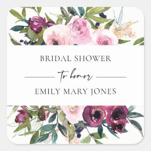 BRIGHT BLUSH BURGUNDY FLORAL BUNCH BRIDAL SHOWER SQUARE STICKER