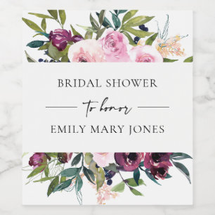 BRIGHT BLUSH BURGUNDY FLORAL BUNCH BRIDAL SHOWER WINE LABEL