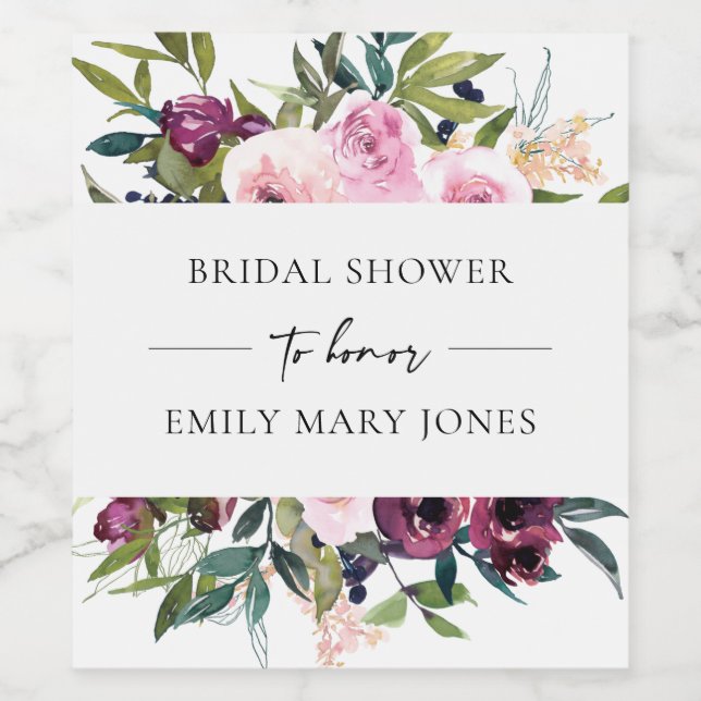 BRIGHT BLUSH BURGUNDY FLORAL BUNCH BRIDAL SHOWER WINE LABEL (Single Label)