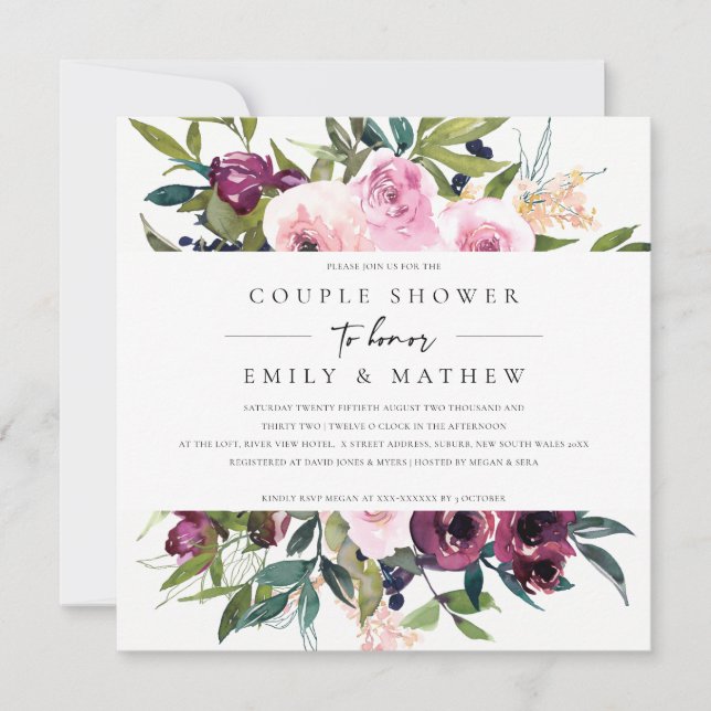 BRIGHT BLUSH BURGUNDY FLORAL BUNCH COUPLE SHOWER INVITATION (Front)