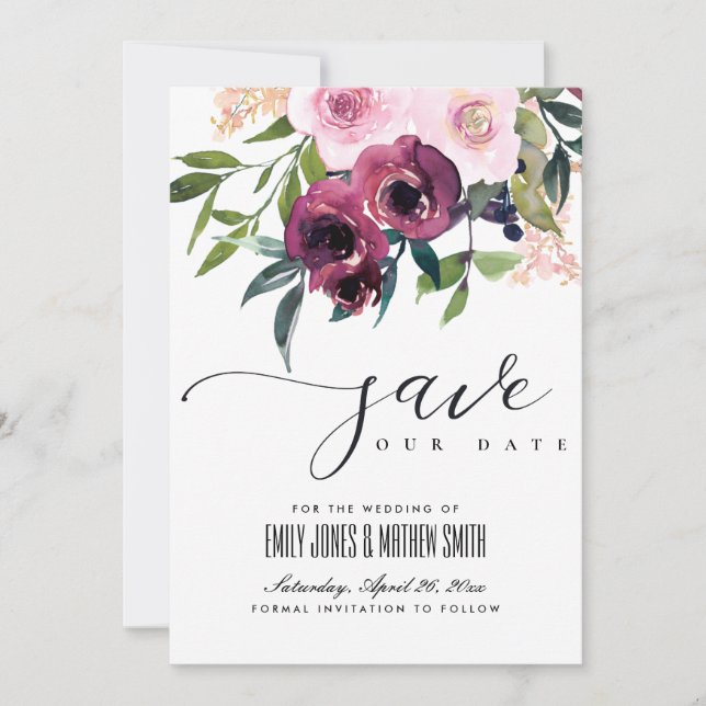 BRIGHT BLUSH BURGUNDY FLORAL BUNCH WEDDING SAVE THE DATE (Front)
