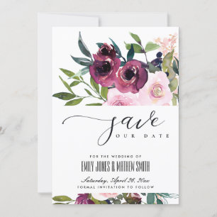 BRIGHT BLUSH BURGUNDY FLORAL BUNCH WEDDING SAVE THE DATE