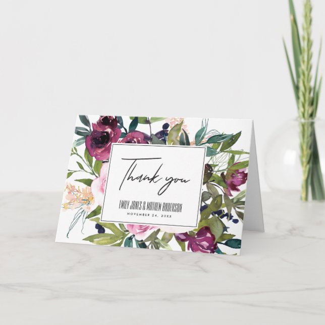 BRIGHT BLUSH BURGUNDY FLORAL BUNCH WEDDING THANK YOU CARD (Front)