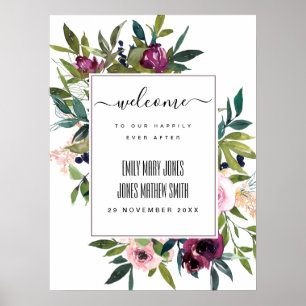 BRIGHT BLUSH BURGUNDY FLORAL BUNCH WEDDING WELCOME POSTER