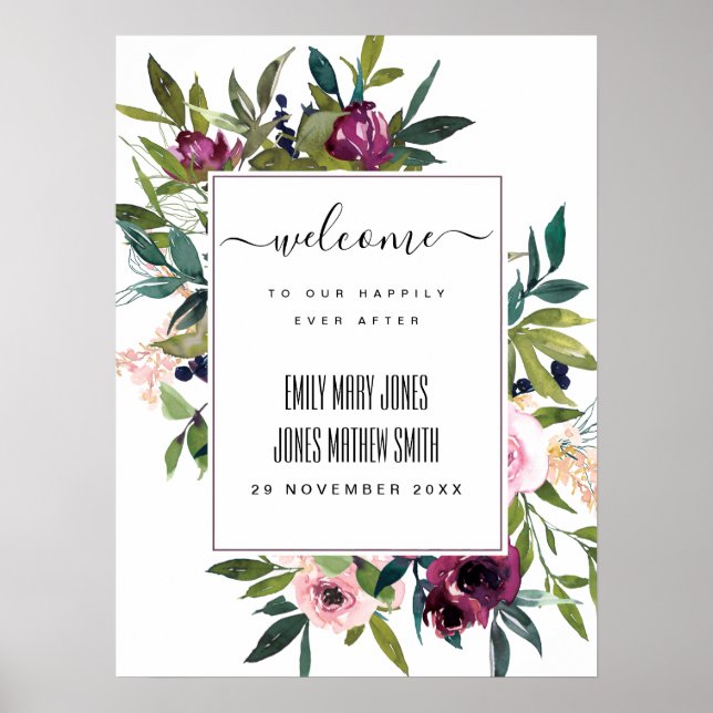 BRIGHT BLUSH BURGUNDY FLORAL BUNCH WEDDING WELCOME POSTER (Front)