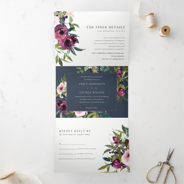 BRIGHT BLUSH BURGUNDY GREEN  FLORAL BUNCH WEDDING Tri-Fold INVITATION (Inside)