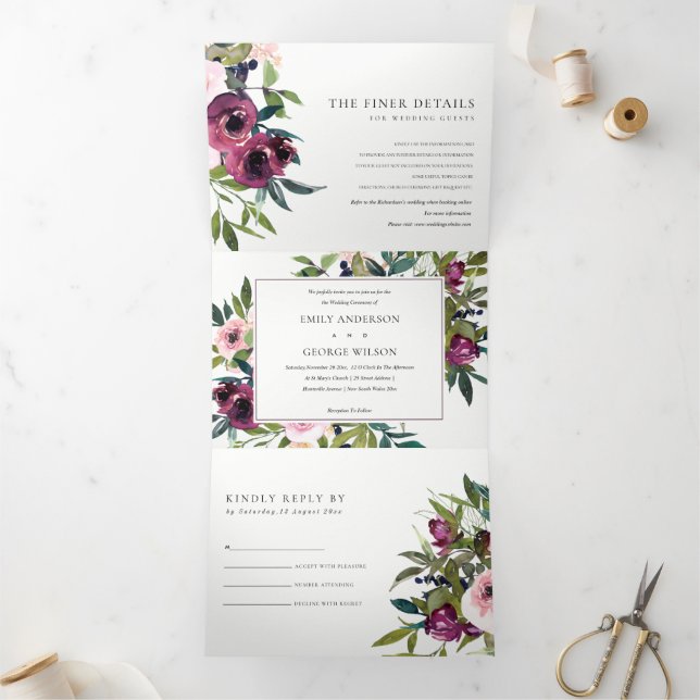 BRIGHT BLUSH BURGUNDY GREEN  FLORAL BUNCH WEDDING Tri-Fold INVITATION (Inside)