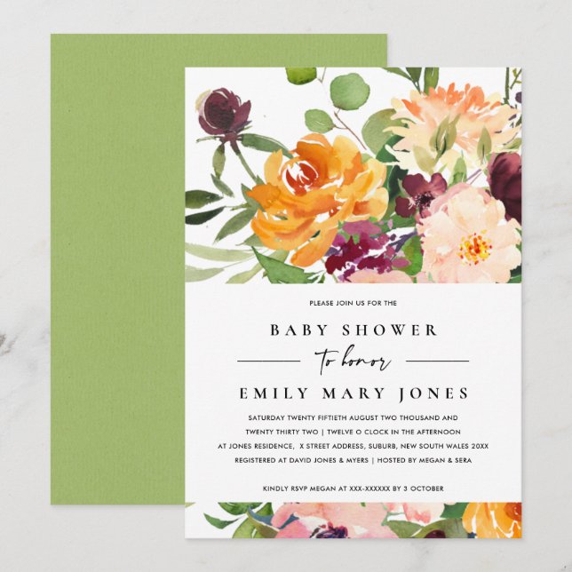 BRIGHT BLUSH YELLOW ORANGE FLORAL BABY SHOWER INVITATION (Front/Back)