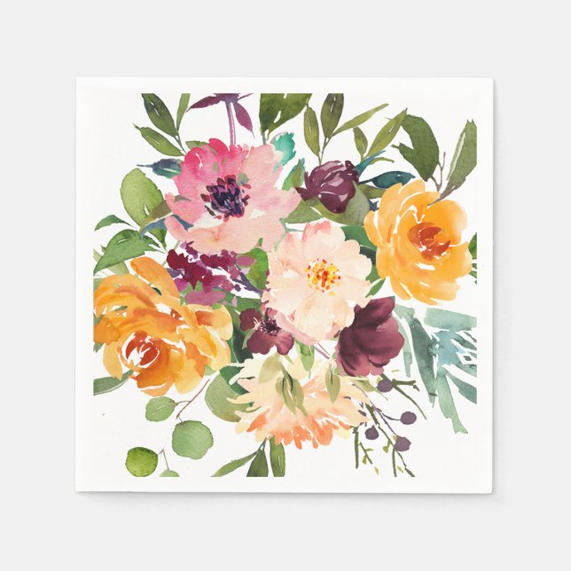BRIGHT BLUSH YELLOW ORANGE FLORAL BUNCH NAPKIN (Front)