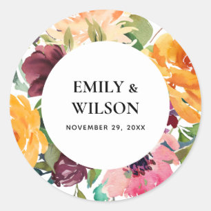 BRIGHT BLUSH YELLOW ORANGE FLORAL BUNCH WEDDING CLASSIC ROUND STICKER