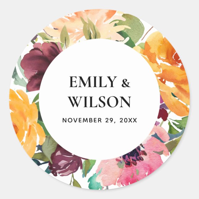 BRIGHT BLUSH YELLOW ORANGE FLORAL BUNCH WEDDING CLASSIC ROUND STICKER (Front)