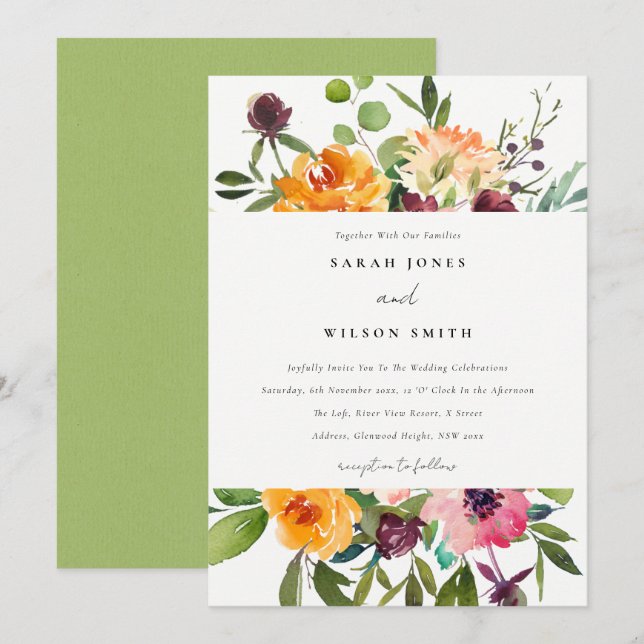 BRIGHT BLUSH YELLOW ORANGE FLORAL BUNCH WEDDING INVITATION (Front/Back)