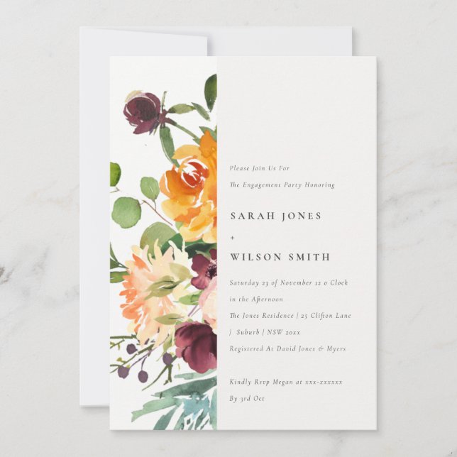 Bright Blush Yellow Orange Floral Engagement Invitation (Front)