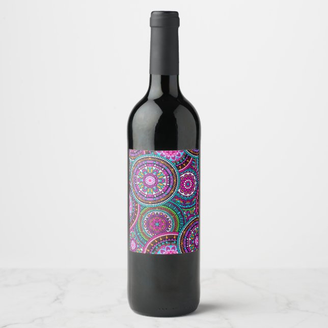 Bright Bohemian Boho Hippy Chic Pattern Wine Label (Front)