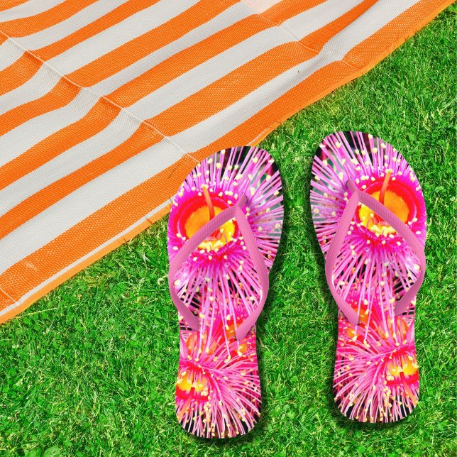 Bright Boho Gumnut Flower Floral Flip Flops (Bright pink, yellow and orange Australian native gumnut flower flip flops.)