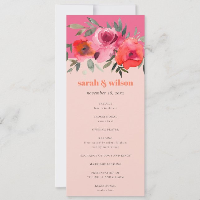 Bright Boho Hot Pink Floral Wedding Program Invitation (Front)