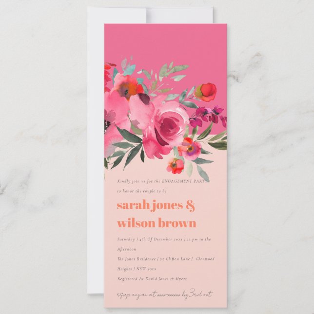 Bright Boho Hot Pink Watercolor Floral Engagement Invitation (Front)