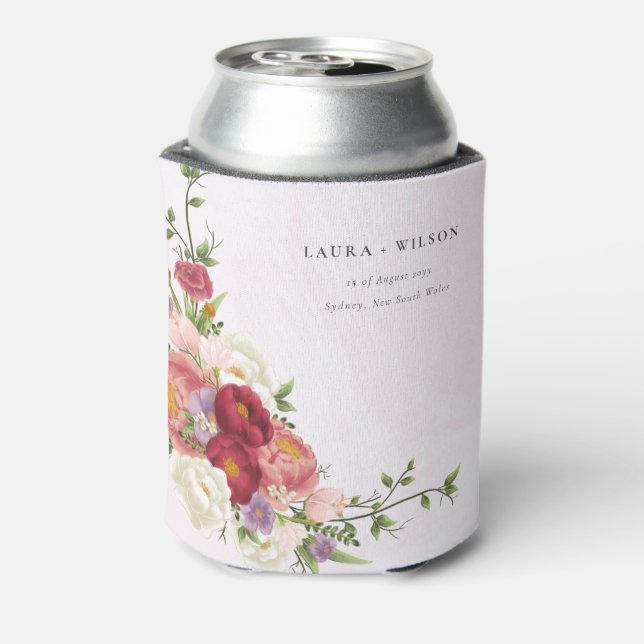Bright Boho Red Pink white Flowers Wedding Can Cooler (Can Back)