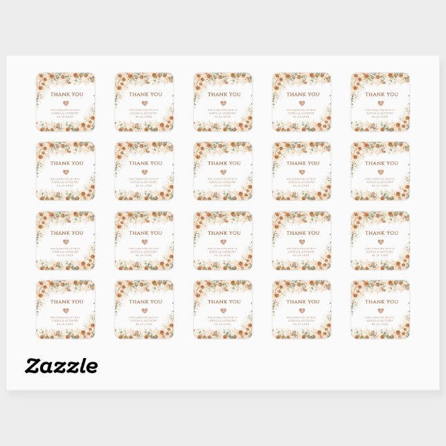 Bright Boho Terracotta Floral Wedding Thank You Square Sticker (Sheet)