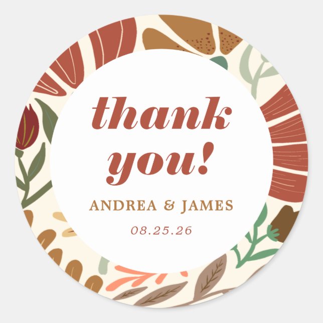 Bright Bold Boho Terracotta Floral Thank You Classic Round Sticker (Front)