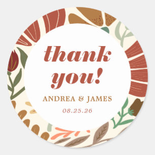 Bright Bold Boho Terracotta Floral Thank You Classic Round Sticker