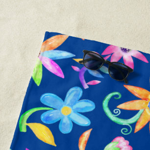 Bright Bold Colorful Flower Art Blue Personalised Beach Towel