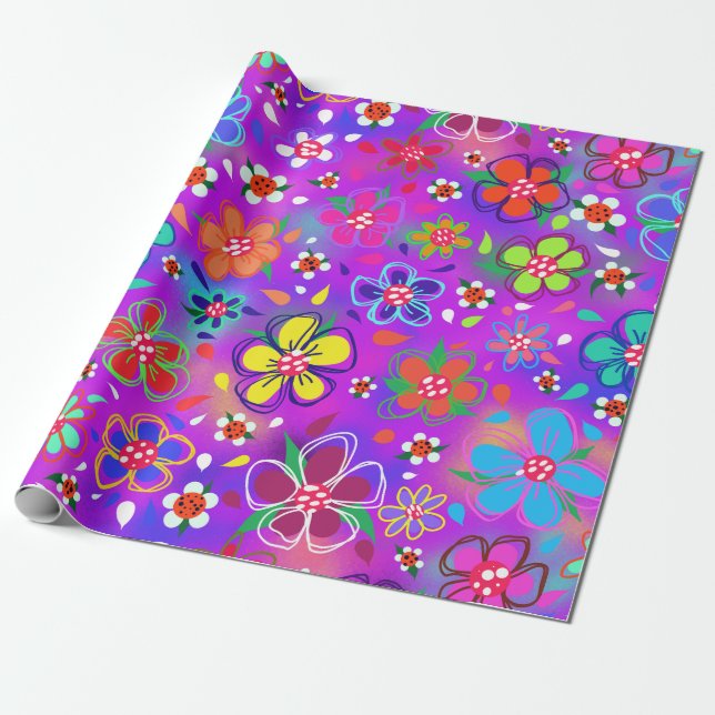 Bright Bold Colour Flowers on Pink Purple Boho Wrapping Paper (Unrolled)