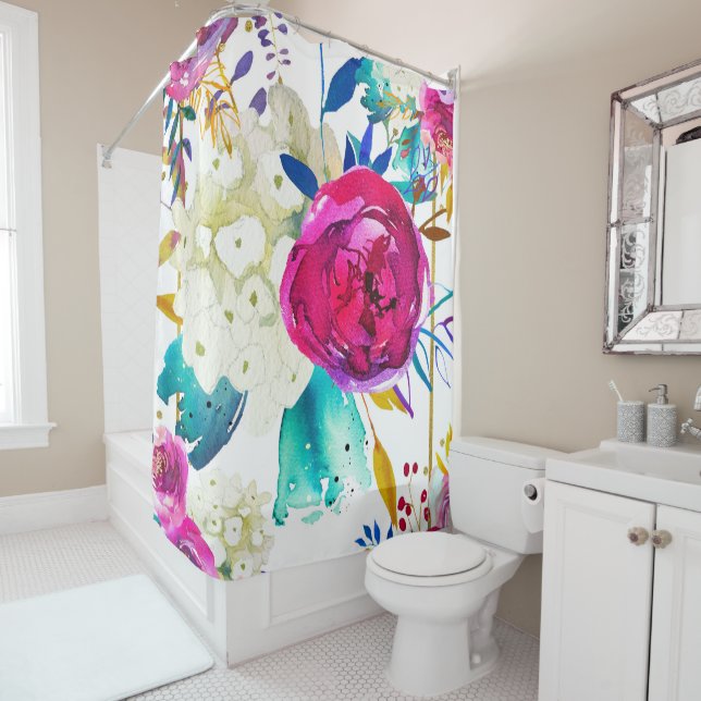 Bright Bold Colourful Floral Modern Botanical Chic Shower Curtain (In Situ)