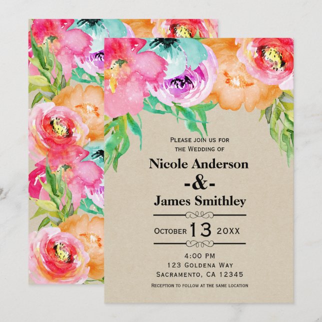 Bright Bold Colourful Floral Rustic Modern Kraft Invitation (Front/Back)