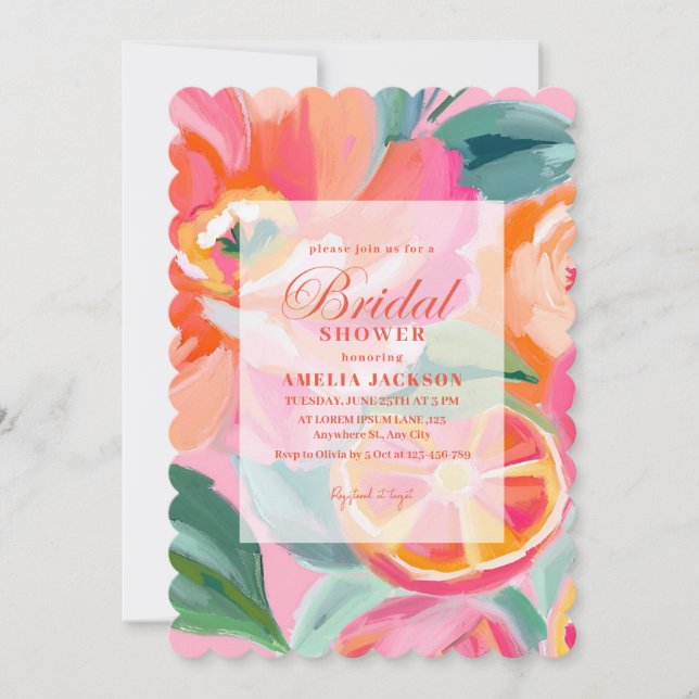 Bright Bold floral citrus Orange Bridal shower Invitation (Front)