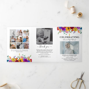 Bright & Bold Floral Funeral Memorial Program Tri-Fold Invitation