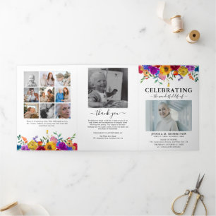 Bright & Bold Floral Funeral Memorial Program Tri-Fold Invitation